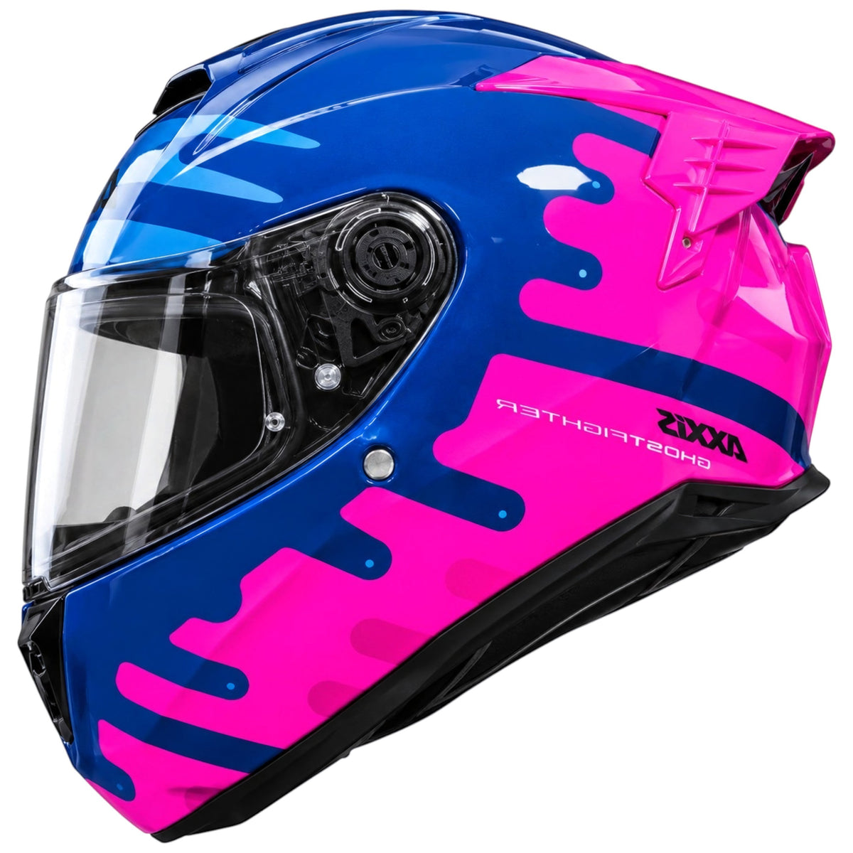 Casco integral Somos Moto Axxis Hawk Evo SV con diseño deportivo en azul y fucsia neón y visor transparente